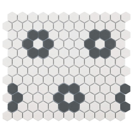 Gotham Hex Porcelain Mosaic Tile, Antique White and Black