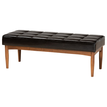 Devin Midcentury Modern Dining Bench, Dark Brown Faux Leather