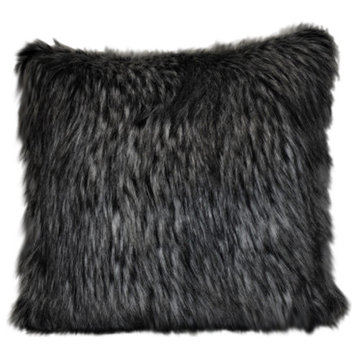 Faux Fur Black Gray Fox Decorative Animal Skin Throw Pillow, 17x17", Square