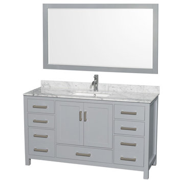 60" Single Vanity,Gray,White Carrara Marble Top,Sink,58" Mirror
