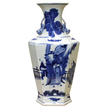 Chinese Blue White Porcelain Rhomboid Hexagon Scenery Vase Hcs4104