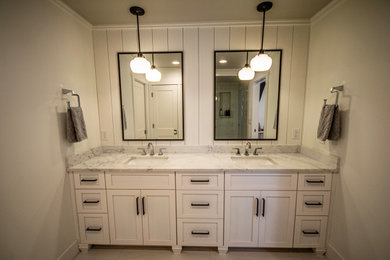 Bathroom - mid-sized coastal master double-sink bathroom idea in Other with shaker cabinets, white cabinets, gray walls, an undermount sink, marble countertops, white countertops and a built-in vanity