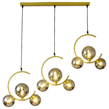 MIRODEMI® Sauze | Art Iron Chandelier with Ball-Shaped Ceiling Lights, Gold, 3 Heads - Horizontal Base, Amber Glass, Cool Light