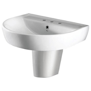 Round White Ceramic Semi-Pedestal Sink, Three Hole