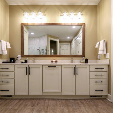 Rustic Master Bathroom with Barrier Free Shower and Closet Organization