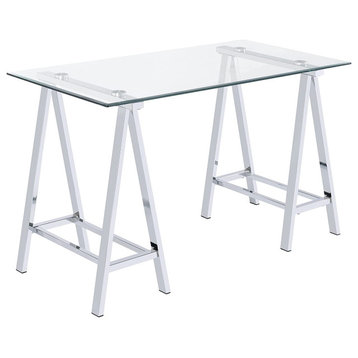Eclectic Desk, Unique Architectural Base & Rectangular Beveled Glass Top, Chrome