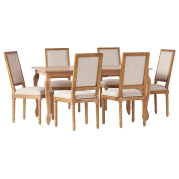 Fernleaf French Country Fabric Upholstered Wood Expandable 7-Piece Dining Set, Natural Brown/Beige