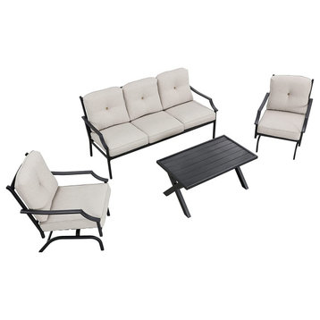 4 Pieces Patio Set, Cushioned Seats and Table With X-Shaped Trestle Base, Beige
