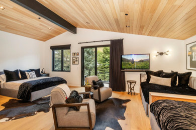 Example of a large trendy guest light wood floor, brown floor and vaulted ceiling bedroom design in Other with white walls