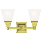 Livex Lighting - Mission Bath Light, Polished Brass - The Mission collection has clean lines with geometric forms. This two light bath fixture with etched opal glass is finished in polished brass. Square bar style arms elevate the glass.