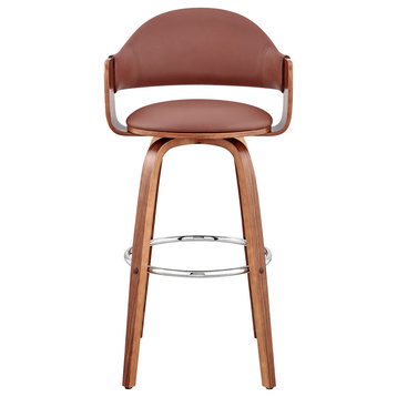 Daxton Faux Leather and Wood Bar Stool, Brown and Walnut, 30"