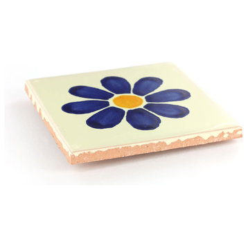 Handmade Tierra y Fuego Ceramic Tile, Blue Daisy, Set of 9