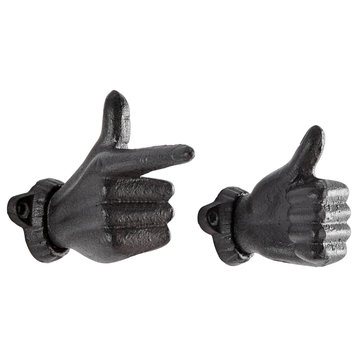 "Thumbs up and Pointing Finger" Cast Iron Wall Mount Hook Set, Set of 2