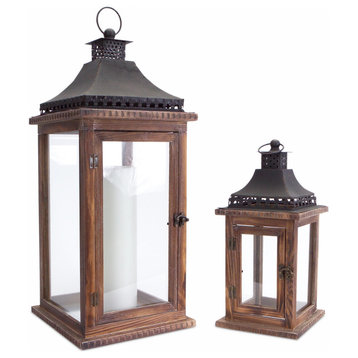 Lantern (Set Of 2) 14.25"H, 23.5"H Wood/Iron/Glass