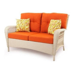 Charlottetown White All-Weather Wicker Patio Settee with Rust Cushions - Outdoor Sofas