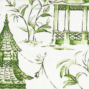 Pagodas Jade Green & Gray Oriental Toile 72" Shower Curtain Cotton, Unlined