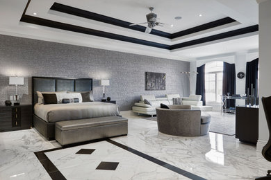 Example of a large transitional guest porcelain tile, multicolored floor, tray ceiling and wallpaper bedroom design in Toronto with gray walls