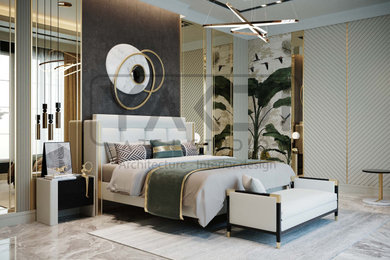 Ejemplo de dormitorio principal minimalista grande con paredes blancas, suelo de mármol, suelo gris, casetón y madera
