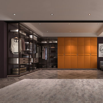 L Shaped Closet With Orange Leather Surface Hinged Door