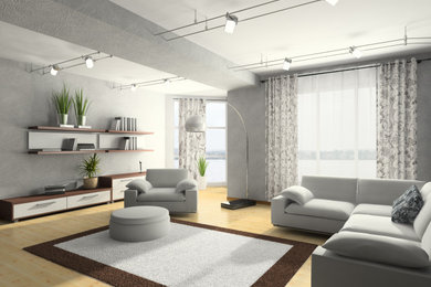 Imagen de salón abierto minimalista de tamaño medio con paredes blancas, suelo de madera clara, pared multimedia y alfombra
