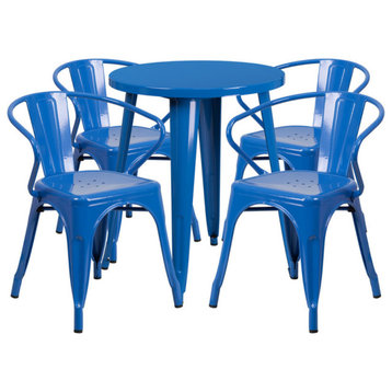 24'' Round Blue Metal Indoor-Outdoor Table Set With 4 Arm Chairs