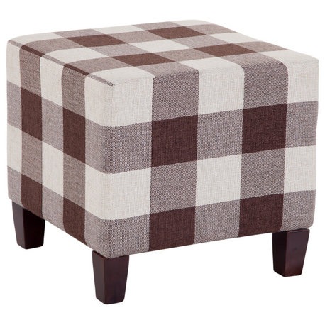 Grafton Home Stockton Checkered Square Ottoman/Footstool, Brown and Linen Buffalo Check