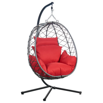 Leisuremod Summit Outdoor Egg Swing Chair in Gray Steel Frame, Red