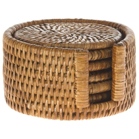 La Jolla Round Rattan Coasters With Holder, Set of 6, Honey-Brown