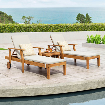 Kylen Outdoor Acacia Chaise Lounge Set With Water-Resistant Cushions, Teak Finis