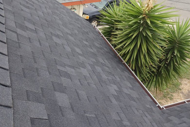Traditional exterior home idea in San Francisco with a shingle roof and a black roof