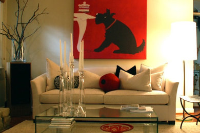 Example of a mid-sized minimalist open concept dark wood floor living room design in DC Metro with beige walls, a stone fireplace and no tv