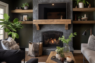 Southwest living room photo in Montreal with a standard fireplace and a wood fireplace surround