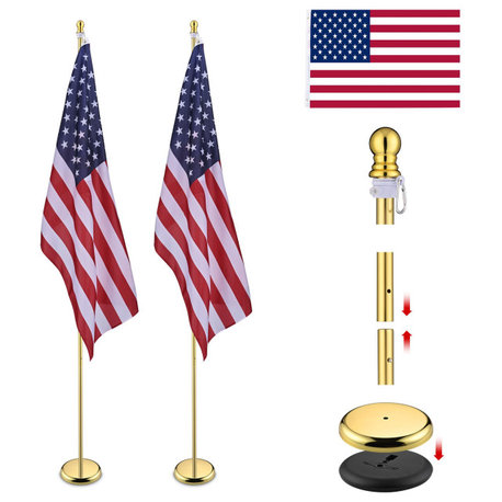 2 Pack 8 Ft Sectional Flag Pole Kit Golden Top Finial 3x5 Ft  US Flag Indoor