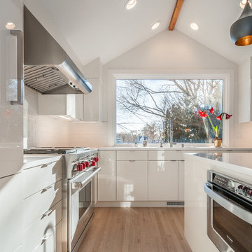 White High Gloss Flat Cabinets with White Quartz Countertops