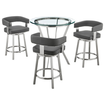 4-Piece Counter Height Dining Set In Brushed Stainless Steel & Gray Faux Leather