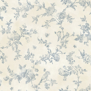 French Nightingale Blue Trail Wallpaper, Sample