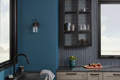 Photo of a kitchen in New York with glass tile splashback.