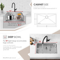 STYLISH 32''L x 18''W Undermount Single Bowl 16G Stainless Steel Kitchen Sink