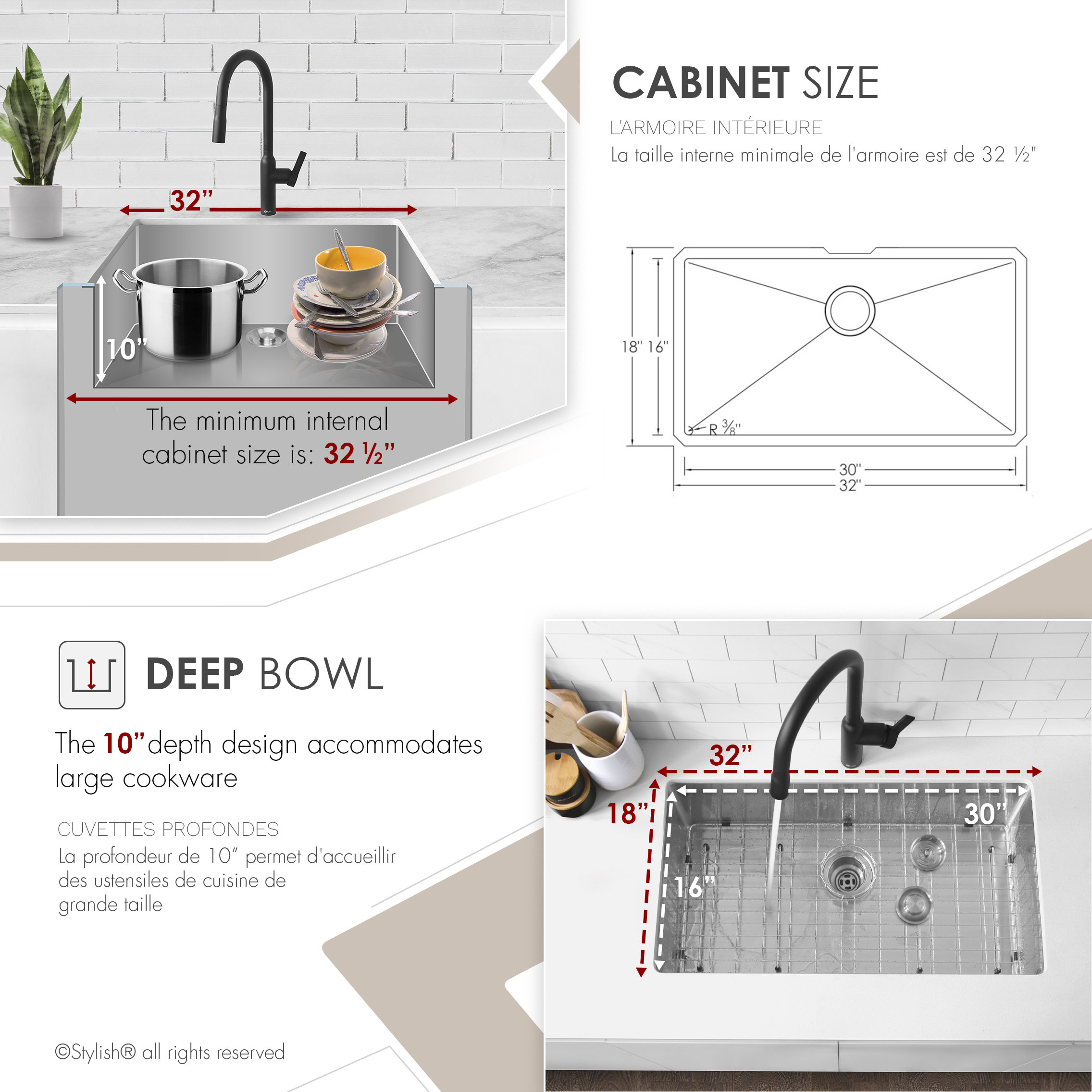 STYLISH 32''L x 18''W Undermount Single Bowl 16G Stainless Steel Kitchen Sink