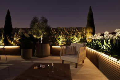 Cette image montre une terrasse arrière et sur le toit design de taille moyenne avec des solutions pour vis-à-vis et aucune couverture.