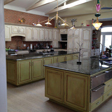 Kitchen Cabinets White with two Green Islands