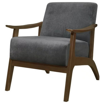 Comfortable Accent Chair, Exposed Walnut Finished Frame and Velvet Seat, Gray