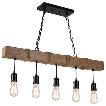 5-Light Black and Wood Finish Industrial Island Chandelier