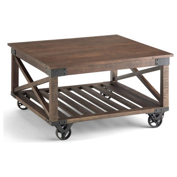 Industrial Coffee Table, Mango Top With X-Sides & Wheels, Distressed Dark Brown