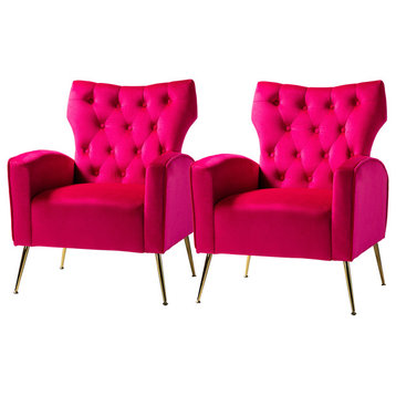 Upholstery Velvet Accent Chair With Button Tufted Back Set of 2, Fushia