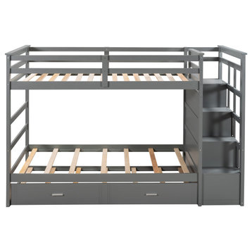 Gewnee Solid Wood Twin Over Twin Bunk Bed with Trundle and Staircase in Gray