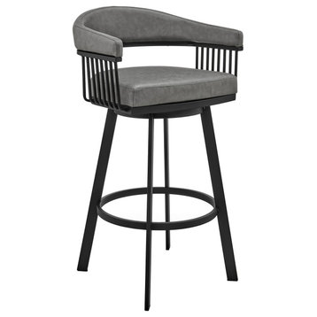 Bronson 26" Swivel Bar Stool, Black Finish and Gray Faux Leather