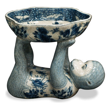 Porcelain Monkey Holding Lotus Dish, Blue/White