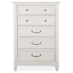 Magnussen - Magnussen Willowbrook Drawer Chest in Egg Shell White - Charming and chic, Willowbrook combines a soft and casual Egg Shell White finish with classic forms to create a soothing atmosphere that relaxes mind and body. Create a serene setting with vintage silhouettes featuring breakfront shaping on the dresser, panel bed headboard and mirror, and tarnished silver hardware including a decorated knob and elegant bail pull. Crafted of Birch Veneer and Hardwood Solids with a subtle gray wash over the creamy finish, Willowbrook is at home in settings from cottage to coastal and from traditional to soft modern. The stunning panel bed has a storage footboard option with two drawers and a wood-framed upholstered headboard. Three nightstand options are offered including a two-drawer nightstand, one-drawer nightstand with two shelves, and a door bachelor's chest. The functional door chest has a sliding wood door with wood shelves behind, five left drawers with felt-lined top drawers and one bottom drawer. From beaches to the countryside, and from mountain valleys to suburban trails, Willowbrook is a relaxing destination for the end of each day's journey.
