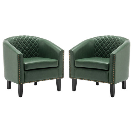 Tufted Faux Leather Accent Club Barrel Chair, Set of 2, Green